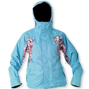 DC Fuse Women’s Graphic Print 2011 Snowboarder Jacket Size Small Teal Black
